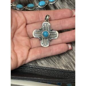 Southwest 925 Sterling Silver Blue Turquoise Zia Cross Pendant🩵